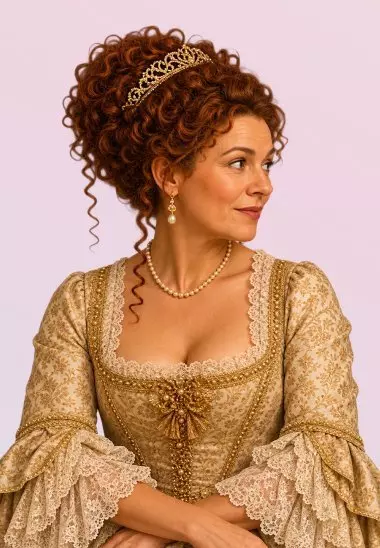 Pepco woman wearing an ornate gold period costume dress with pearl jewellery and decorative tiara.
